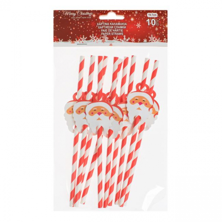Vesela pentru petrecere - Paie de Hartie cu Dungi Albe Rosii Mos Craciun 19.7cm - 10buc