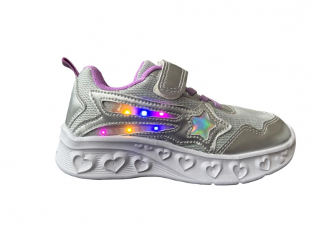 Pantofi sport - Pantofi sport pentru copii, material textil, argintiu, cu leduri