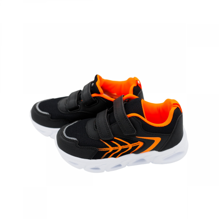 Pantofi sport pentru copii, material textil, negru/orange, talpa cu leduri [5]