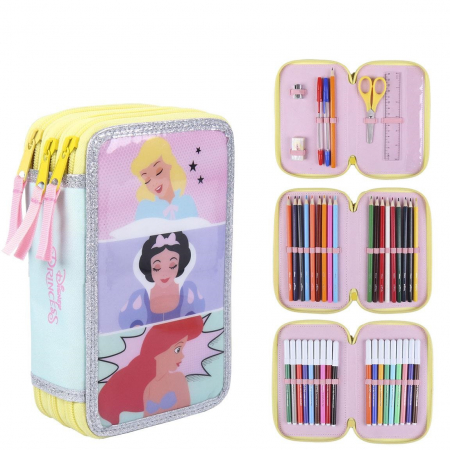 Totul pentru scoala - Penar echipat 43 piese Giotto, 3 compartimente, Printesele Disney