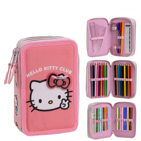 Totul pentru scoala - Penar echipat cu 44 piese Giotto, 3 compartimente, Hello Kitty