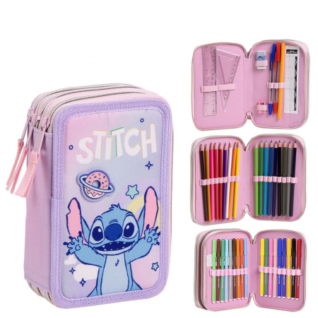 Penare - Penar echipat cu 44 piese Giotto, 3 compartimente, Lilo si Stitch