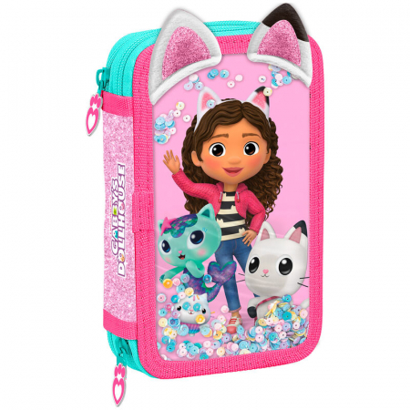Totul pentru scoala - Penar echipat cu urechiuse, 32 piese, 2 compartimente, Gabby's Dollhouse