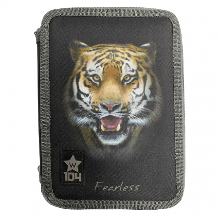 Totul pentru scoala - Penar Echipat Dublu Negru Model Tigru "Fearless" & Patch 14.5x20x4.5cm , 31 piese
