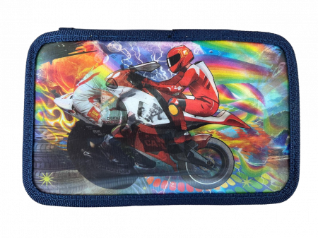 Rechizite si papetarie - Penar ehipat Moto No10, holograma 3D , 3 compartimente, 19x12x6 cm, 32 piese