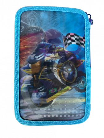 Rechizite si papetarie - Penar triplu ehipat Moto , holograma 3D, 19x12x6 cm, 32 piese
