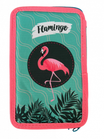 Totul pentru scoala - Penar ehipat Flamingo, 3 compartimente, 19x12x6 cm, 32 piese