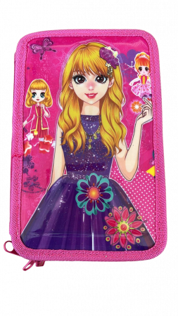 Rechizite si papetarie - Penar ehipat Blonde Girl 3D, 3 compartimente, 19x12x6 cm, 32 piese