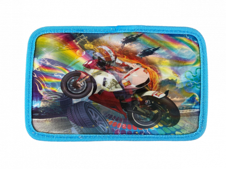 Rechizite si papetarie - Penar ehipat Moto, holograma 3D , 3 compartimente, 19x12x6 cm, 32 piese