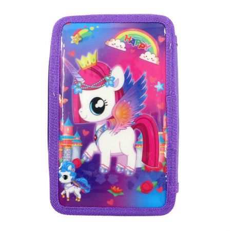 Totul pentru scoala - Penar triplu echipat 33 piese Happy Unicorn