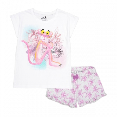 Imbracaminte si incaltaminte copii - Pijama de vara pentru copii, maneca scurta, bumbac, Pantera Roz