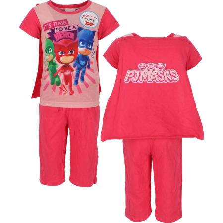 Pijamale copii - Set fete cu tricou maneca scurta, pantaloni scurti si mantie, PJ Masks