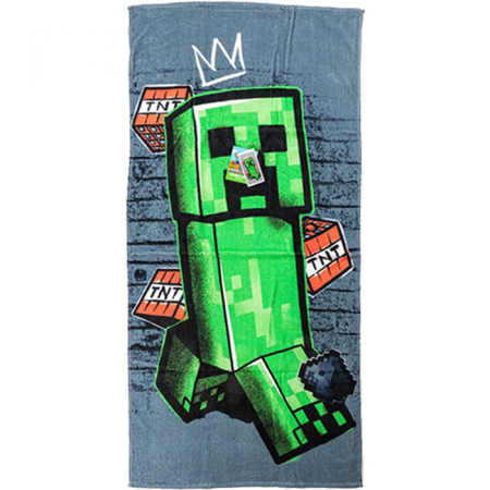 Prosoape si halate de baie copii - Prosop plaja din bumbac Minecraft Metro Art Creeper 70x140 cm