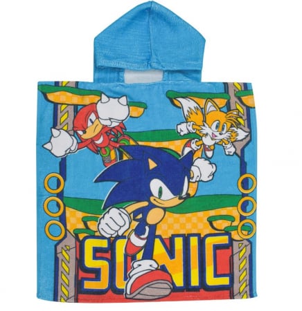 Prosoape si halate de baie copii - Prosop poncho bumbac, Sonic, Miles si Knuckles 55x110 cm