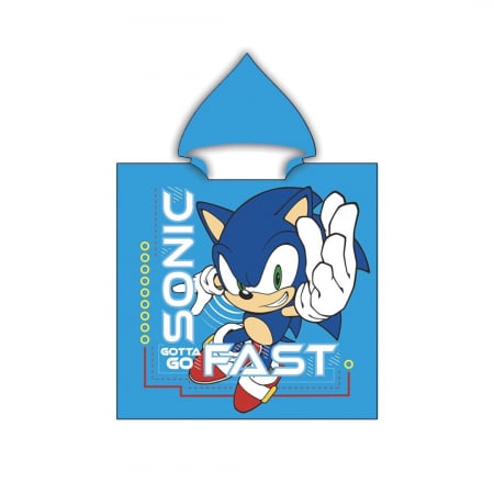 Prosoape si halate de baie copii - Prosop poncho cu gluga Sonic Gotta Go Fast, 110x55 cm