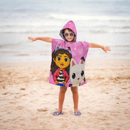 Prosoape si halate de baie copii - Prosop poncho microfibra, Gabby's Dollhouse Friends, 50x115 cm