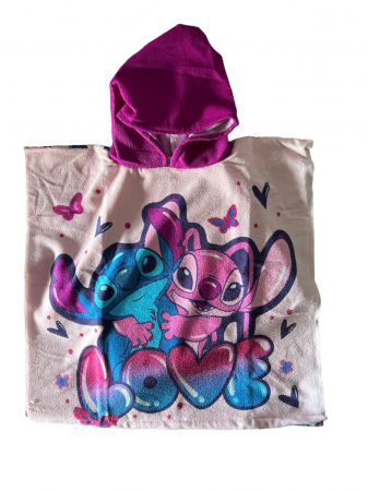 Prosoape si halate de baie copii - Prosop poncho microfibra, Lilo & Stitch Love, 55 x 110 cm