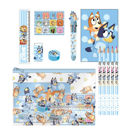 Totul pentru scoala - Set 11 rechizite, Bluey cu penar, 22x14x0.5 cm