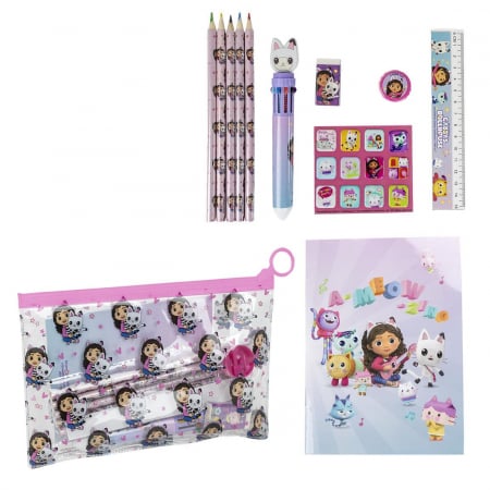 Totul pentru scoala - Set 11 rechizite, Gabby's Dollhouse cu penar, 22.0 X 14.0 X 0.5 Cm
