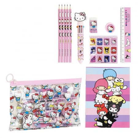 Totul pentru scoala - Set 11 rechizite, Hello Kitty cu penar, 22x14x0.5 cm