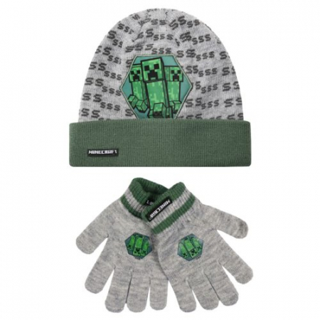 Imbracaminte si incaltaminte copii - Set 2 piese iarna, caciula si manusi Minecraft