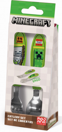 Articole hranire bebelusi - Set 2 tacamuri ergonomice, furculita si lingura pentru copii Minecraft 20x7 cm