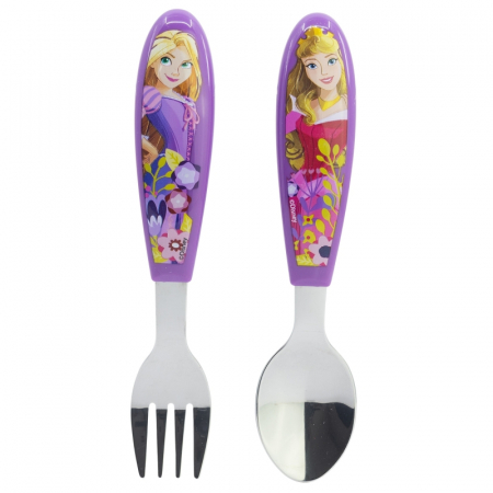 Articole hranire bebelusi - Set 2 tacamuri ergonomice, furculita si lingura pentru copii Printesele Curajoase 9.4 cm