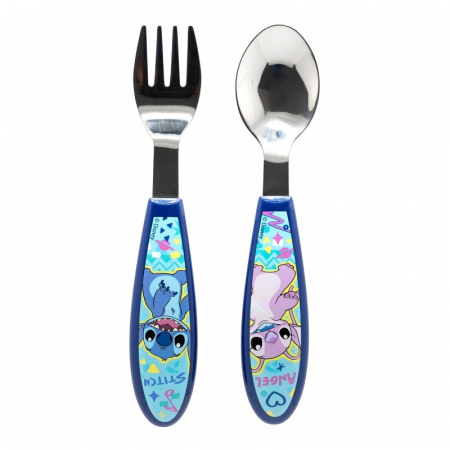 Accesorii hranire - Set 2 tacamuri ergonomice, furculita si lingura pentru copii Stitch Angel 9.4 cm