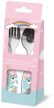 Articole hranire bebelusi - Set 2 tacamuri ergonomice, furculita si lingura pentru copii Unicorn 20x7 cm
