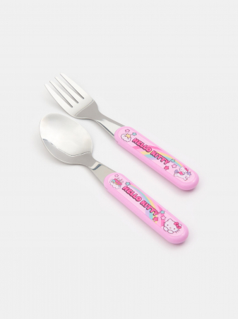 Articole hranire bebelusi - Set 2 tacamuri furculita si lingura pentru copii Hello Kitty 14.5 cm
