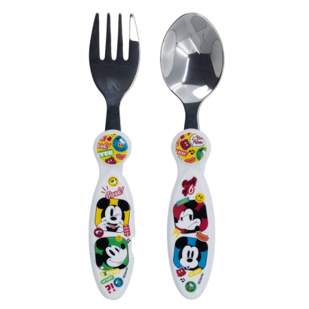 Articole hranire bebelusi - Set 2 tacamuri, furculita si lingura pentru copii Mickey Mouse, Fun-Tastic 15.5 cm