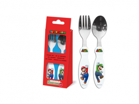 Articole hranire bebelusi - Set 2 tacamuri, furculita si lingura pentru copii Super Mario 15.5 cm