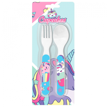 Cani, pahare si accesorii bebe - Set 2 tacamuri plastic CUPCAKES