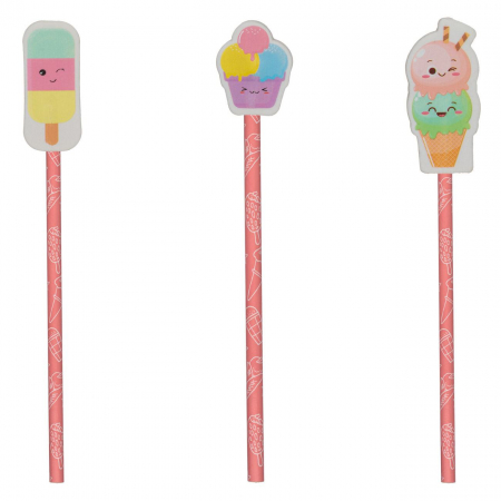 Totul pentru scoala - Set 3 creioane cu radiera Ice Cream