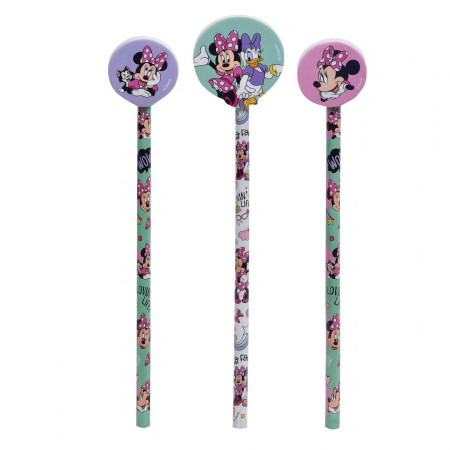 Totul pentru scoala - Set 3 creioane cu radiera Minnie Mouse