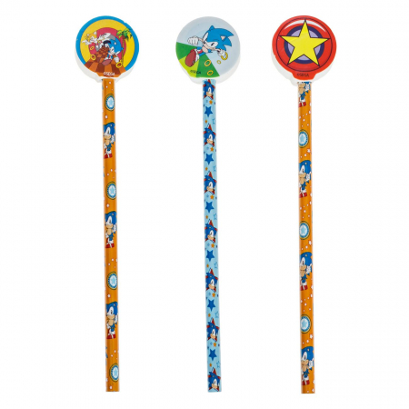 Totul pentru scoala - Set 3 creioane cu radiera Sonic