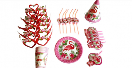 Vesela pentru petrecere - Set 36 accesorii pentru petrecerea copiilor, 6 piese, tematica Flamingo