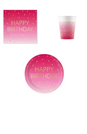 Vesela pentru petrecere - Set 36 accesorii pentru petrecerea copiilor Golden Happy Birthday Pink