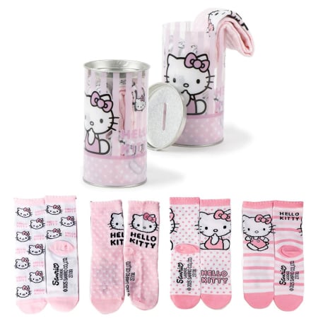Sosete si dresuri copii - Set 4 perechi sosete groase intr-o pusculita cadou, Hello Kitty