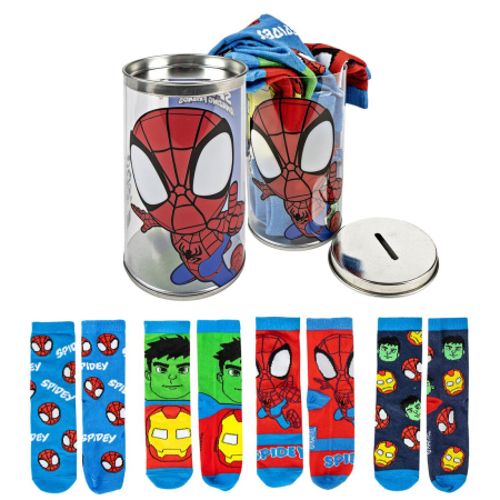 Imbracaminte si incaltaminte copii - Set 4 perechi sosete groase intr-o pusculita cadou, Marvel Spidey Amazing Friends