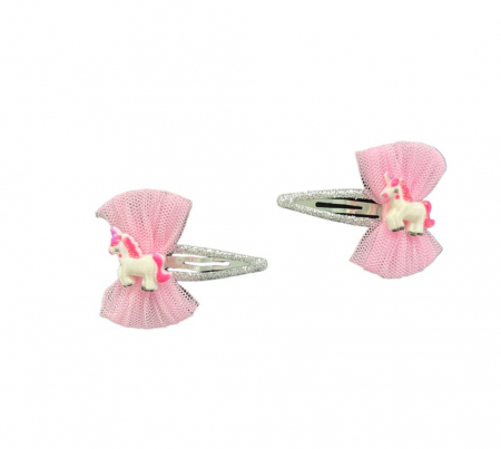 Accesorii par - Set 2 agrafe argintii , Unicorn cu funda, 6x5.5 cm