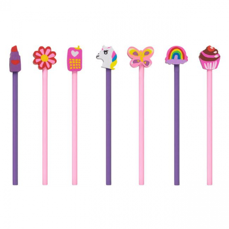 Creioane si ascutitori - Set 7 creioane cu radiere topper diverse modele