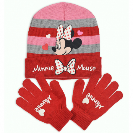 Imbracaminte si incaltaminte copii - Set Caciula si manusi lumineaza in intuneric,Minnie Mouse Disney Inimioare