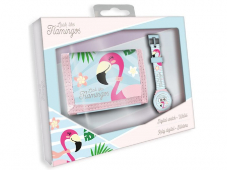 Ceasuri copii - Set ceas si portofel Flamingo