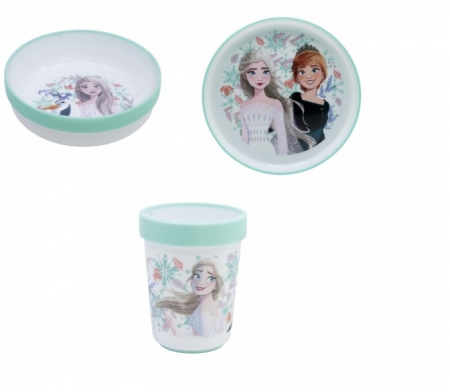 Cani, pahare si accesorii bebe - Set mic dejun plastic 3 piese antiderapant, Frozen Snowy Tale
