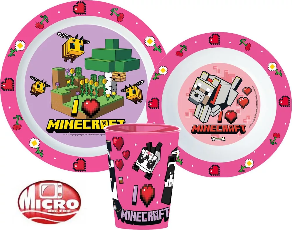 Cani, pahare si accesorii bebe - Set mic dejun plastic 3 piese Minecraft, bol, farfurie si pahar, roz