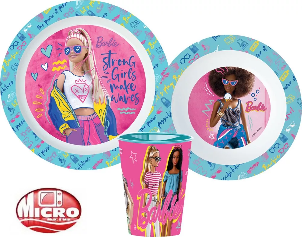 Cani, pahare si accesorii bebe - Set mic dejun plastic 3 piese Barbie, bol, farfurie si pahar