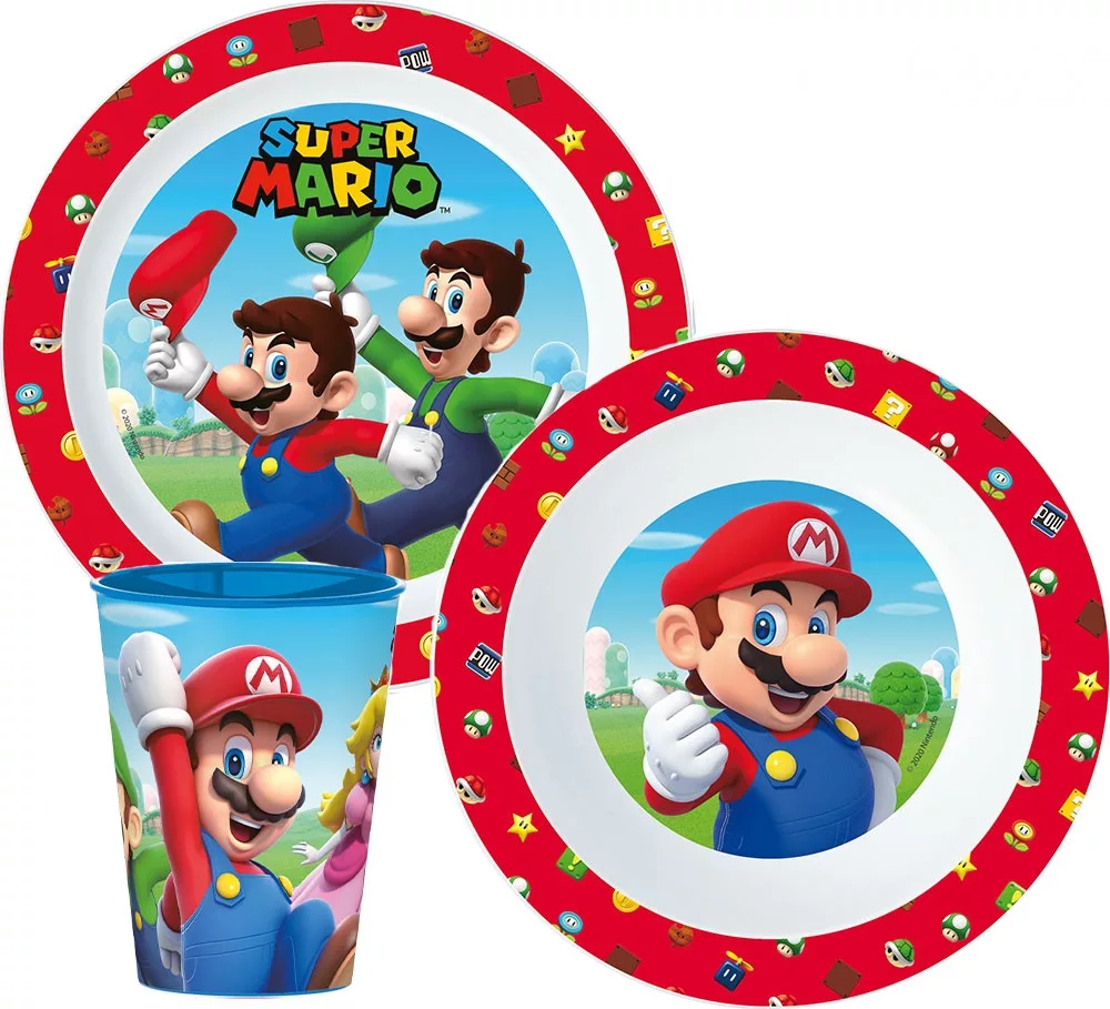 Cani, pahare si accesorii bebe - Set mic dejun plastic 3 piese Super Mario