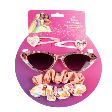 Imbracaminte si incaltaminte copii - Set Ochelari soare si 4 accesorii par cu sclipici Printesele Disney