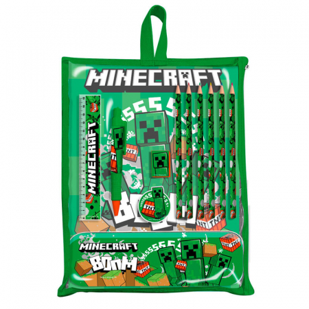 Totul pentru scoala - Set papetarie 12 piese cu penar metalic Minecraft, 29x21x3 cm
